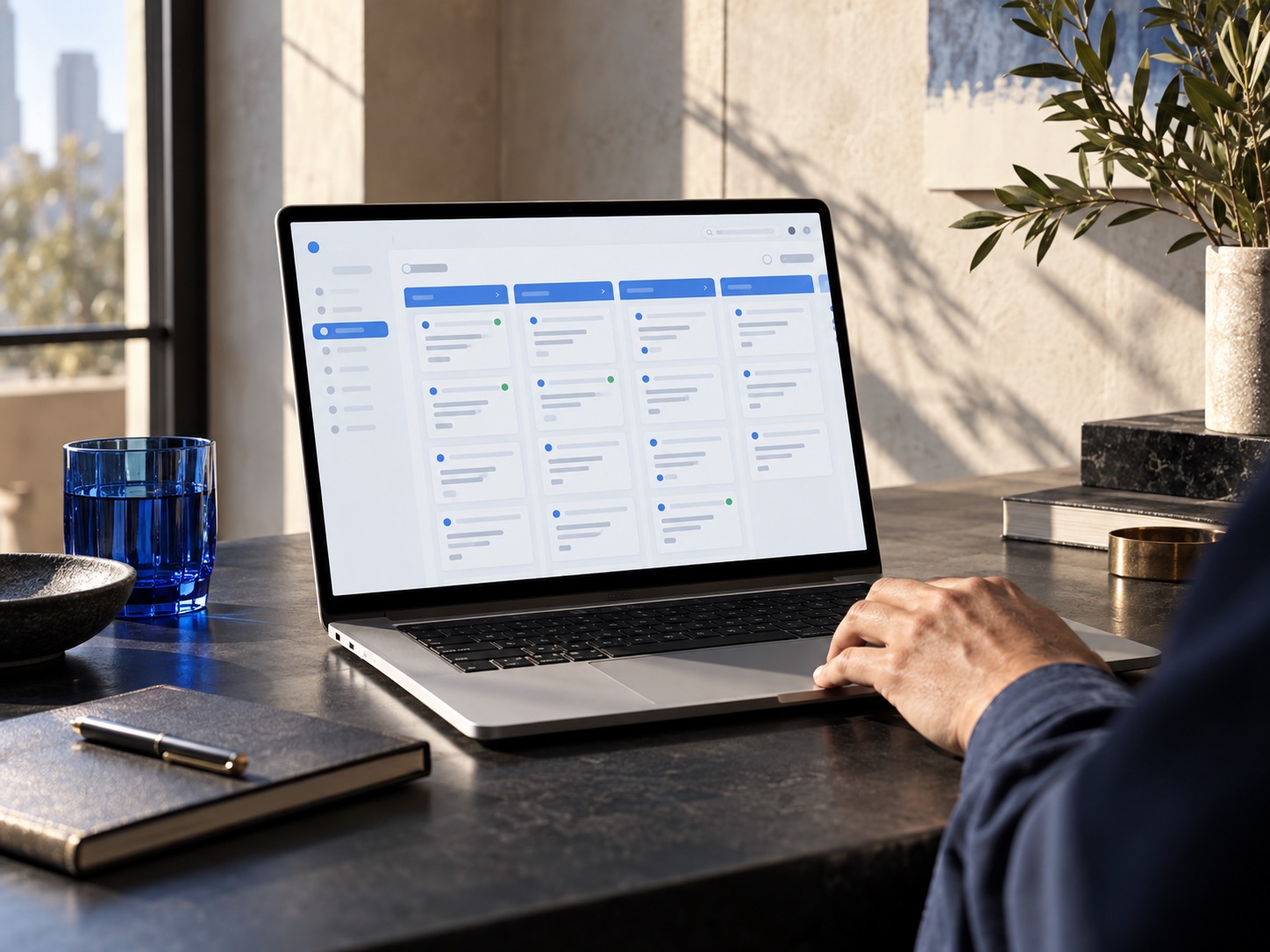 Sunlit workspace with an illustrative CRM workflow on a laptop