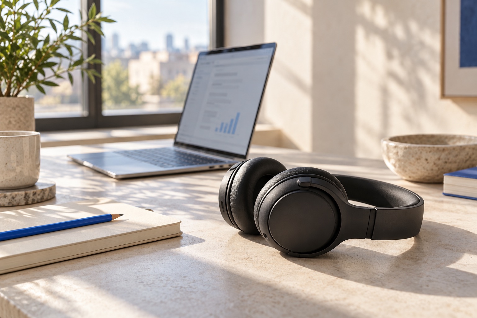 Headset and laptop in a quiet sunlit workspace